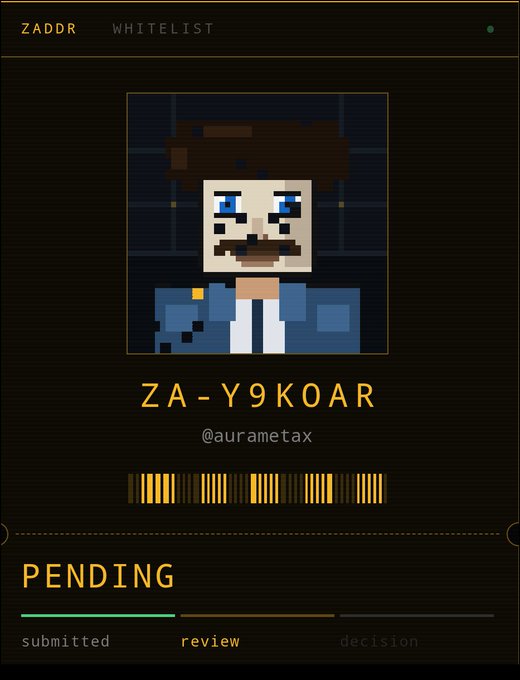 A pixel art character profile titled 'ZA-Y4KOAR' (@aurametax) showing a 'PENDING' status in review, under a 'ZADDR WHITELIST' header.
