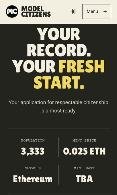 A promotional webpage for 'Model Citizens' with the headline 'YOUR RECORD. YOUR FRESH START.', showing a population of 3,333, mint price of 0.025 ETH, on the Ethereum network, with a mint date TBA.
