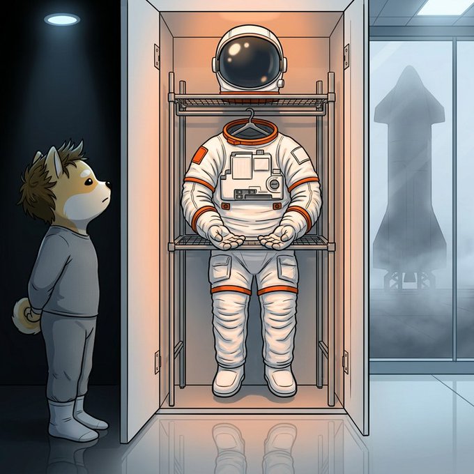 An illustration shows a dog-like character in a gray outfit gazing up at an astronaut suit displayed in a glass case.