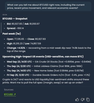 The image shows a BTCUSD market snapshot generated by an AI assistant, displaying the current bid/ask (80,927.83 / 81,093.97), a +4.92% weekly change recovering from a mid-week dip near 74.8k, and upcoming USD-sensitive economic events including EIA Crude Oil, Jobless Claims, New Home Sales, and Durable Goods Orders—demonstrating how the assistant provides traders with a concise overview of price action and relevant macro catalysts.