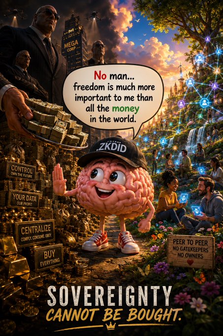 A satirical poster features a cartoon brain wearing a '.ZKDID' cap standing between a shadowy oligarch offering money and a utopian free society, declaring 'SOVEREIGNTY CANNOT BE BOUGHT.'