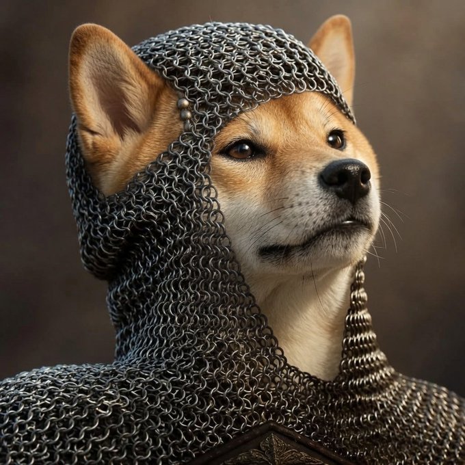 A Shiba Inu dog wearing medieval chainmail armor and a coif, depicted in a portrait-style image.