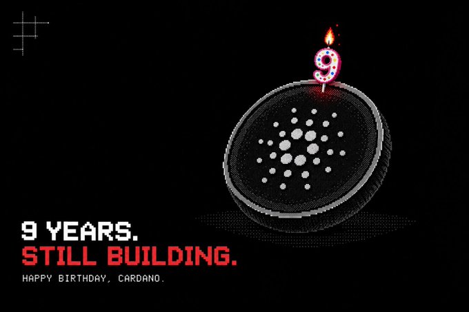 A 9th anniversary graphic for Cardano featuring the ADA coin as a birthday cake with a lit '9' candle, and text reading '9 YEARS. STILL BUILDING. HAPPY BIRTHDAY, CARDANO.'