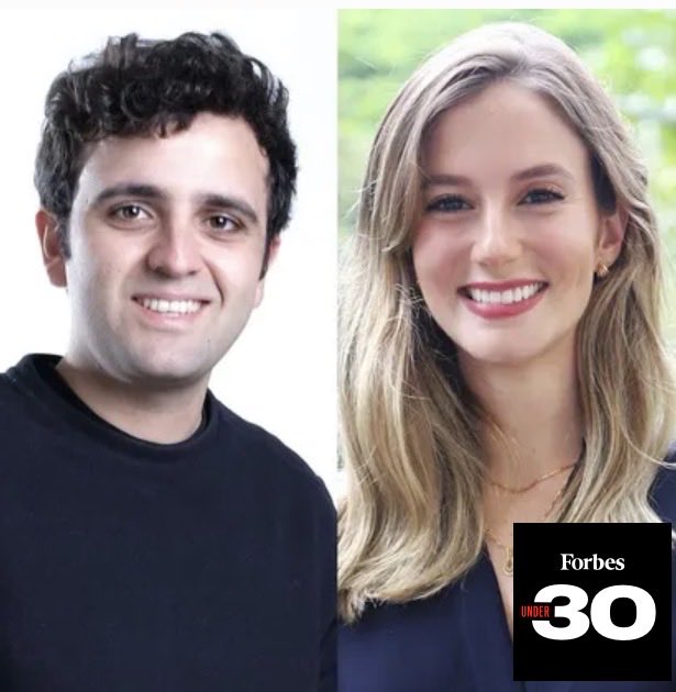 A Forbes 30 Under 30 graphic featuring headshots of a dark-haired man in a black shirt and a blonde woman in a dark blazer smiling.