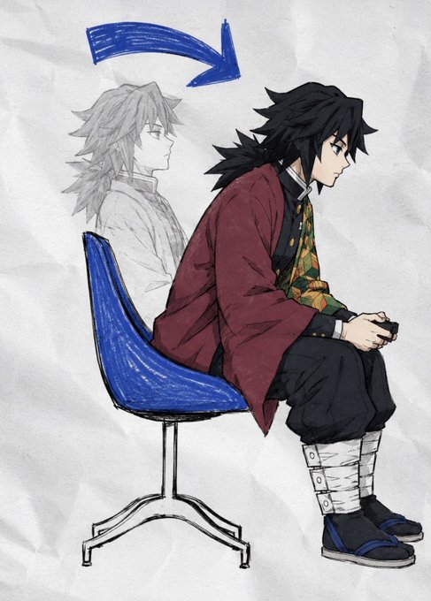 Anime illustration of Giyu Tomioka from Demon Slayer sitting on a blue chair, shown both in pencil sketch form and in colored form with a red arrow between the two.