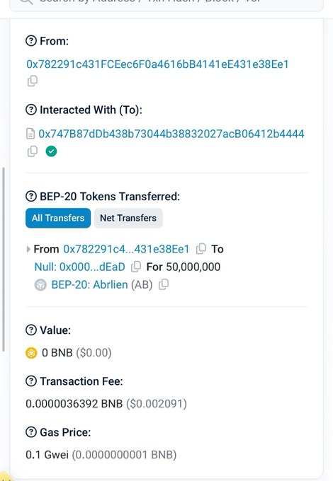 A screenshot of a BEP-20 token transaction on BSCscan shows 50,000,000 Abrilen (AB) tokens transferred from address 0x782291c431FCEec6F0a4616bB4141eE431e38Ee1 to a null burn address (0x000...dEaD), with a transaction fee of 0.0000036392 BNB, confirming the official burn of 50M AB tokens referenced in the post.