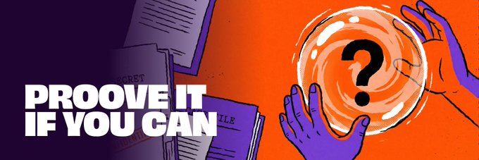 An illustrated promotional graphic with the text 'PROOVE IT IF YOU CAN' beside hands holding a glowing crystal ball containing a question mark, with document icons in the background.