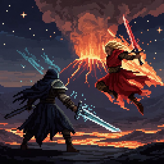 Pixel art style illustration of a fantasy battle between two figures. A dark-armored warrior with a blue-glowing sword stands on the left, facing a red-cloaked figure wielding a flaming weapon in front of a fiery, smoking background.