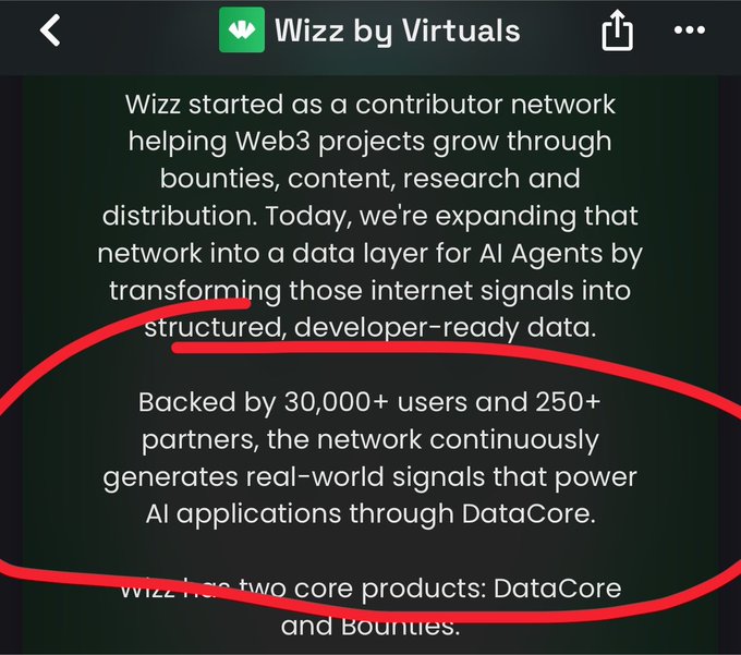 A screenshot of text about 'Wizz by Virtuals' describing it as a contributor network for Web3 with 30,000+ users and 250+ partners, with portions circled in red.