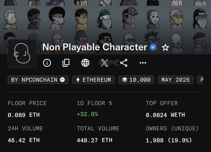 "Non Playable Character" is displayed as the title for an NFT collection. The image shows a table with various statistics about the NFT, such as the total number of NFTs, the amount spent, the price per NFT in eth, the rarity score for each NFT, and more. One of the rarest NFTs is described as being worth $1,200 (based on rarity). The post also contains a link to a group chat where the person who purchased this NFT collection described it as their best investment up until now, indicating that they have already made money from selling the collection.