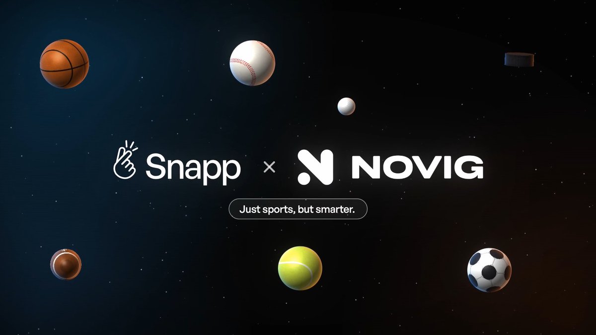 Promotional graphic for a partnership between Snapp and Novig with the tagline 'Just sports, but smarter,' displayed against a dark space-themed background with various sports balls.