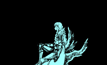 A stylized, cyan-tinted illustration of a figure with long, flowing hair or tendrils reaching backwards against a stark black background.