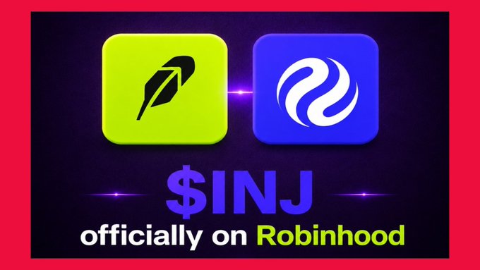 A promotional graphic announces "$INJ officially on Robinhood," featuring the Robinhood feather logo and Injective's purple emblem side by side, visually confirming the listing that the post highlights as a significant milestone for the Injective token.