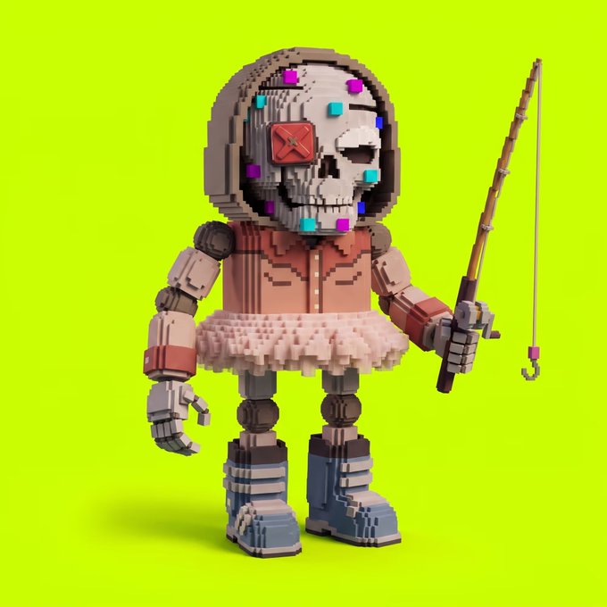 A 3D rendered voxel/LEGO-style robot character featuring a skull head with colorful studs, wearing a pink tutu and boots, and holding a fishing rod against a bright green background.