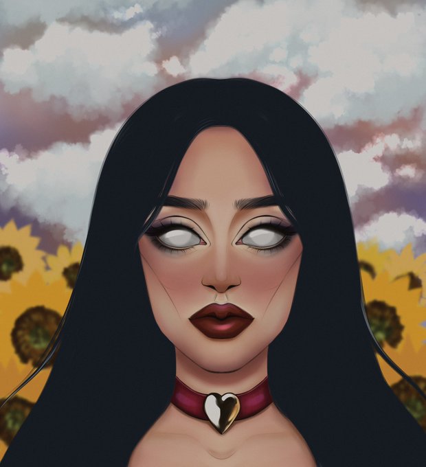 A digital illustration of a pale, long black-haired woman with glowing white eyes, dark lipstick, and a heart-shaped choker set against a backdrop of sunflowers and a dramatic cloudy sky, visually evoking the "Eclipse Within" theme of inner light emerging from darkness that accompanies the post's announcement of the new 1/1 NFT drop on @objktcom.
