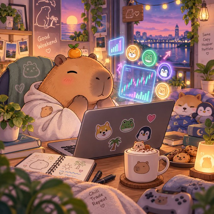 A cozy anime-style illustration of a capybara character in a hoodie using a laptop covered in cute stickers, surrounded by plants, a hot drink, and floating holographic charts, with text including 'Good Weekend', 'Same Capy Happier Portfolio', and 'Chill Trade Repeat'.