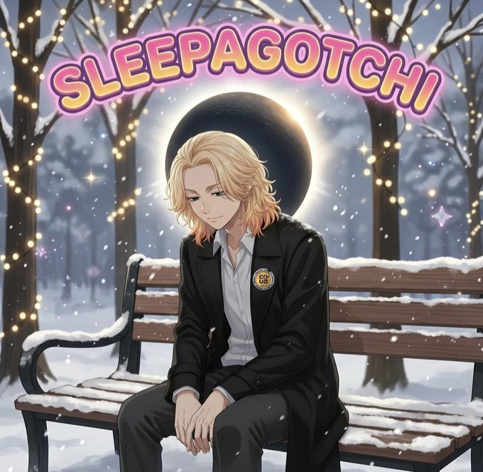 The image features a man sitting alone on a bench, wearing a suit jacket and looking down at his hands. The background of the image shows snow-covered trees, creating a serene winter scene. The caption for the image reads "@SLEEPagotchi", which is likely a reference to the anime or manga series that features the main character. The post also mentions that most people won't enter Web3 because they don't see its immediate benefits and are more interested in products that improve their daily lives, such as the sleep tracking AI-powered wellness insights offered by @SLEEPagotchi.