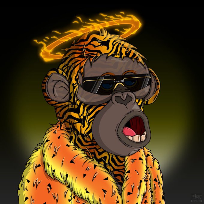 A digital illustration of a Bored Ape-style monkey wearing tiger-print fur, a fur coat, and futuristic sunglasses, featuring a glowing golden halo behind its head.