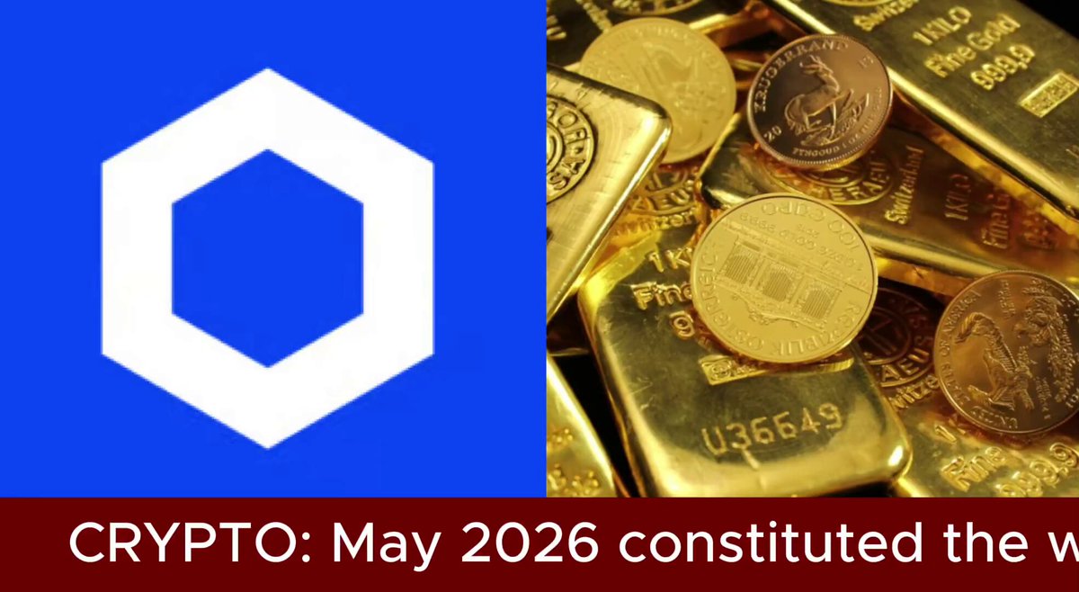 The image shows a close-up view of gold coins stacked together against a gray background. Below the stack of gold coins, there is a blue square with a white hexagon shape at its center that says "Crypto". The text above the image reads "Crypto: May 2026 Constitutionalized the W", indicating that the image may be related to a political or legal context involving cryptocurrency.