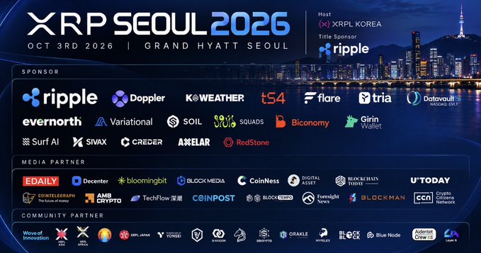 A promotional graphic for "XRP Seoul 2026" (Oct 3rd, 2026 at Grand Hyatt Seoul) hosted by XRPL Korea and sponsored by Ripple, displaying numerous sponsor logos including Ripple, Doppler, K-Weather, t54, flare, tria, Datavault, evernorth, Variational, SOIL, SQUADS, Biconomy, Girin Wallet, Surf AI, SIVAX, CREDER, AXELAR, and RedStone, along with media partners like EDaily, Decenter, Bloomingbit, Block Media, CoinNess, Digital Asset, and U Today. The image visually supports the post's argument by showcasing the extensive lineup of established companies, banks, fintechs, and infrastructure firms participating in the event, countering the narrative that XRP is a scam.