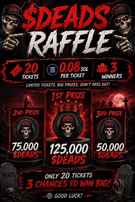 A Halloween-themed promotional graphic for a '$DEADS RAFFLE' with 20 tickets at 0.08 SOL per ticket and 3 winners, featuring prize pools of 125,000 $DEADS (1st), 75,000 $DEADS (2nd), and 50,000 $DEADS (3rd) displayed on skull-decorated pedestals.