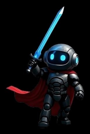 A small, cute robot character in dark armor with glowing blue eyes wields a glowing blue energy sword and wears a flowing red cape against a black background.