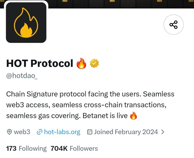 A Twitter/X profile screenshot for 'HOT Protocol' (@hotdao_) showing a flame logo, describing it as a 'Chain Signature protocol facing the users' with seamless web3 access, and listing 704K followers.
