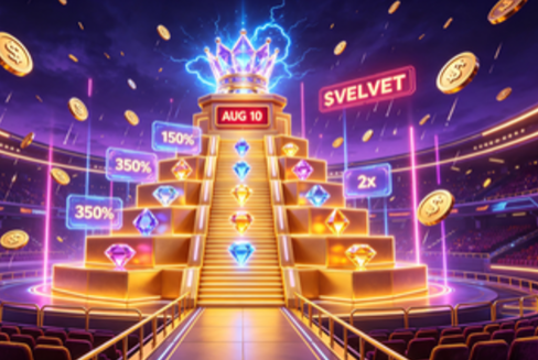A promotional graphic for 'SVELVET' featuring a glowing crown-topped pyramid of treasure chests with reward percentages of 150%, 350%, 350%, and 2X, dated AUG 10, surrounded by floating gold coins.