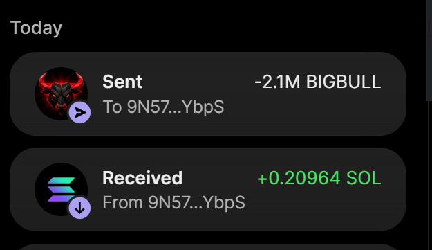 A crypto transaction history shows 2.1M $BIGBULL tokens sent to address 9N57...YbpS, with 0.20964 SOL received from the same address in return, confirming the promotional presale purchase described.