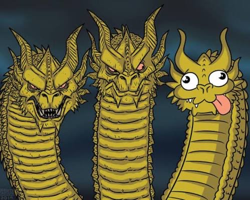 Three dragon heads representing King Ghidorah in varying styles (fierce, menacing, and comical) are depicted, with the rightmost dragon sticking out its tongue. The image creatively illustrates the BNB token on the Robinhood Base platform, using the three-headed dragon motif to represent BNB's multi-chain presence or evolving perception.
