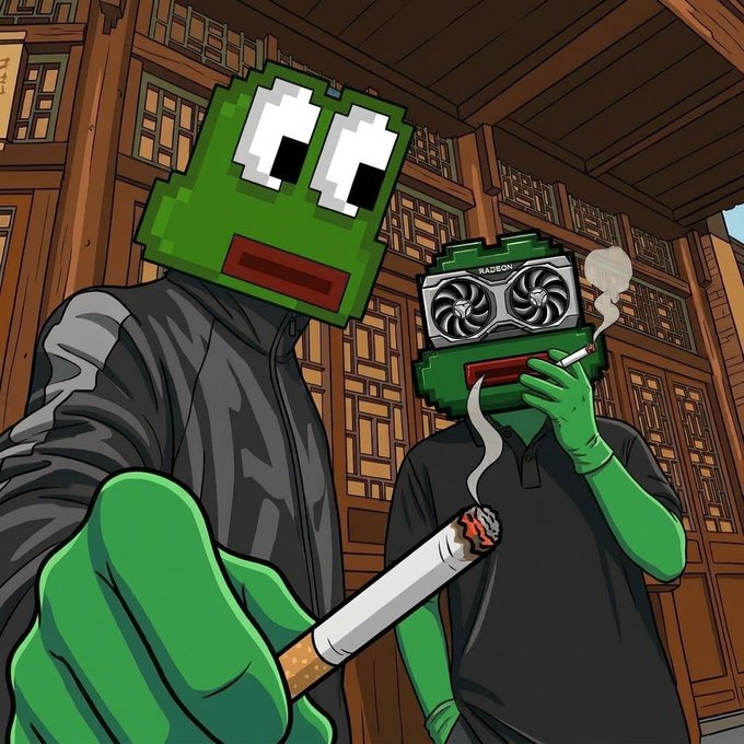 Cartoon illustration of two characters with green Minecraft-style block heads; one holds out a large lit cigarette, and the other wears a graphics card (Radeon) as a head while also holding a cigarette, set in a wooden interior.