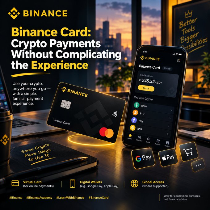 A Binance promotional graphic showcases the Binance Card, featuring a virtual Mastercard and a mobile app interface displaying a balance of 245.32 USDT with payment options for USDT, BTC, ETH, and BNB, highlighting crypto integration with Google Pay and Apple Pay for seamless everyday spending.