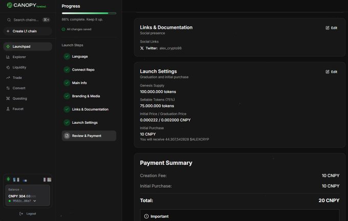 A screenshot of the Canopy (CNPY) token launchpad shows a completed setup at 88% with all branding, media, and documentation steps finished, displaying a launch configuration of 100M genesis supply (75% sellable) and a 20 CNPY payment summary for creation and initial purchase. The image reinforces the post's point about CNPY Network's structured approach to professional branding and ecosystem consistency.