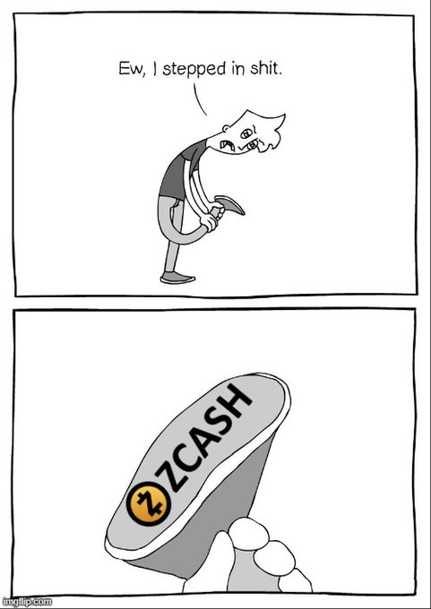 A two-panel comic strip where the top panel shows a cartoon character saying 'Ew, I stepped in shit,' and the bottom panel reveals the 'shit' is actually a coin labeled 'ZCASH,' creating a humorous cryptocurrency reference.