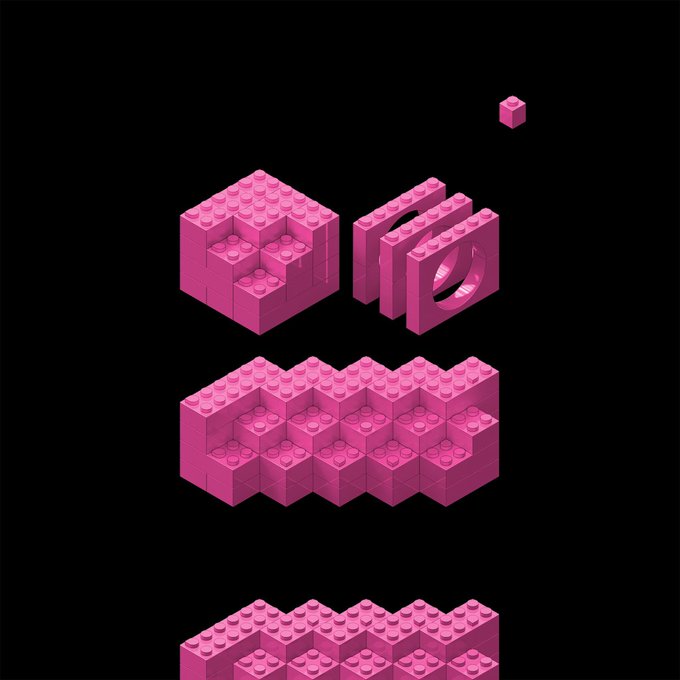 The image features a series of pink Lego blocks arranged in various shapes, including cubes, rectangles, and squares. The blocks are stacked on top of each other, creating an interesting visual effect against a black background. The caption below the image reads "I'll gift Opepen #13030 to the artist who makes it into Set 082." This suggests that someone has created this unique arrangement as part of a creative project or personal challenge, and they are sharing their work with others by tagging them in the post.