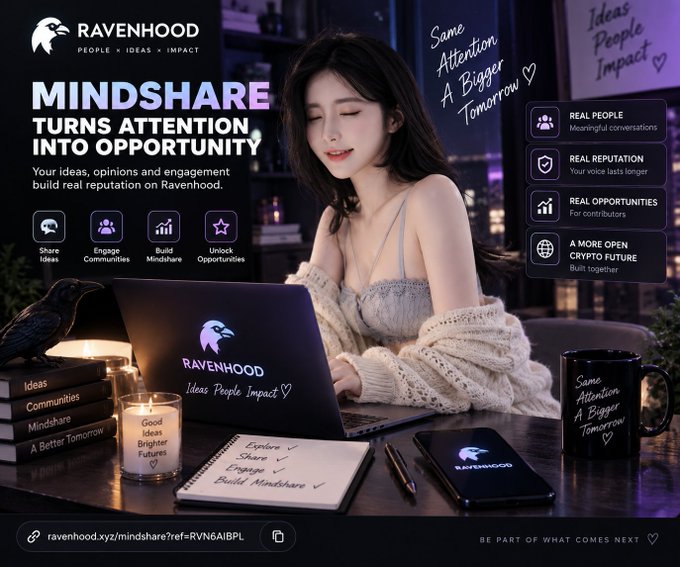 Advertisement for 'RAVENHOOD' with the tagline 'MINDSHARE TURNS ATTENTION INTO OPPORTUNITY,' depicting a woman using a laptop in a cozy setting, surrounded by branded merchandise and feature highlights.