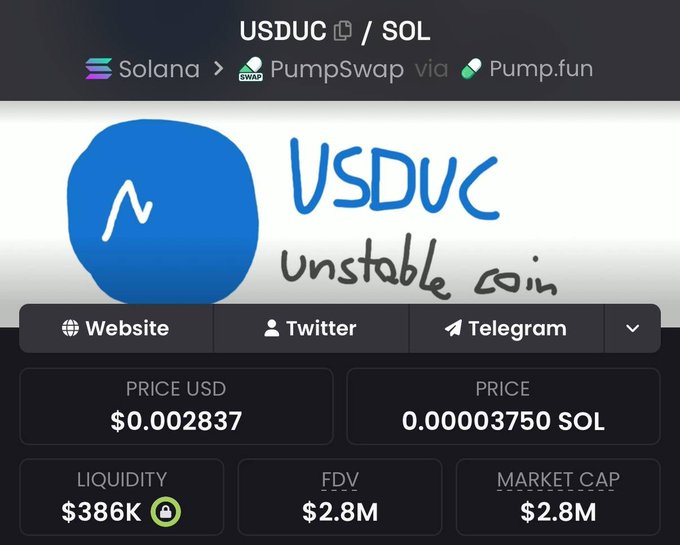 The image shows a token listing page for "USDUC" (ticker USDUC/SOL) on PumpSwap via Pump.fun, displaying a logo with the tagline "Unstable Coin," priced at $0.002837 with a market cap of $2.8M and liquidity of $386K. The accompanying post appears to be a promotional/shill-style endorsement urging traders to buy USDUC and framing skepticism as a "fumble," with the image serving as visual "proof" of the token's legitimacy by displaying its market metrics.