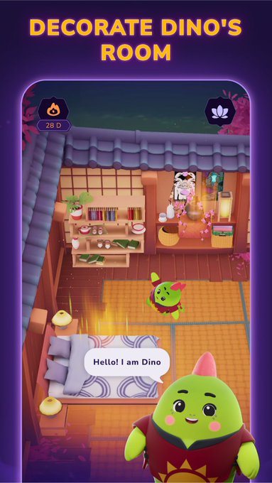 A screenshot of a mobile game titled 'DECORATE DINO'S ROOM,' showing a stylized isometric room with a green dinosaur character named Dino greeting the player with 'Hello! I am Dino'.