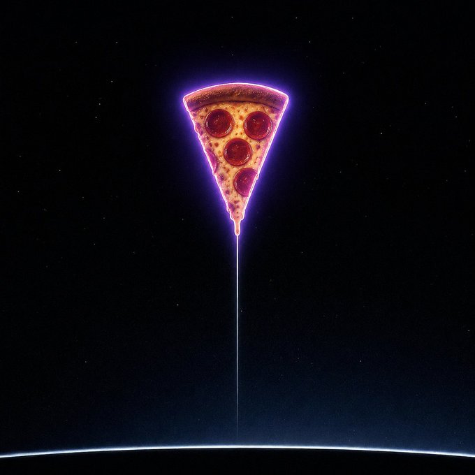 A pepperoni pizza slice floats against a starry black background, outlined by a glowing purple aura and a thin beam extending downward.