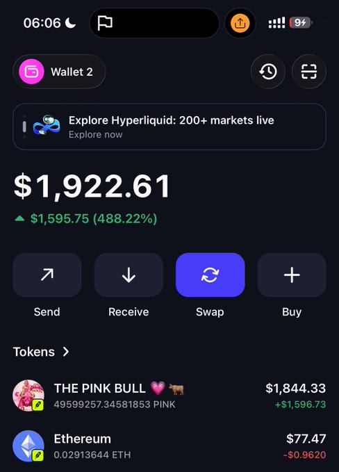 A screenshot of a crypto wallet ("Wallet 2") showing a total balance of $1,922.61, with the majority held in "THE PINK BULL" token (495,992,573.4581853 PINK, valued at $1,844.33) and a smaller amount in Ethereum (0.02913644 ETH, $77.47), illustrating significant gains of $1,595.75 (488.22%) to support the post's call to send THE PINK BULL to the moon.