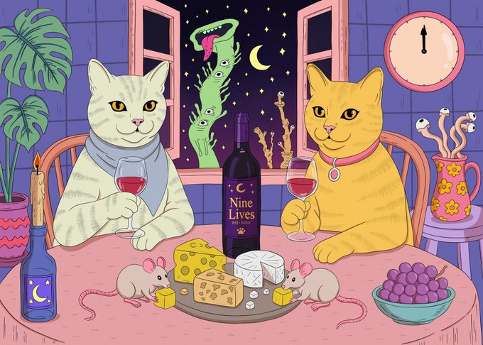 A whimsical illustration of two cats seated at a dining table with wine glasses and a bottle labeled 'Nine Lives Red Wine', surrounded by mice, cheese, and strange creatures in the background.
