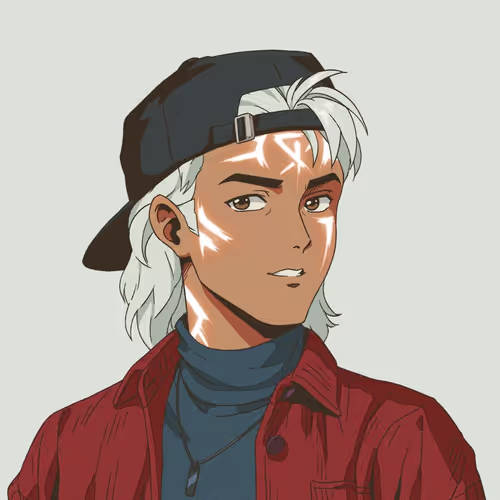 An anime-style illustration of a young man with white hair, tribal face markings, a backwards black cap, and a red shirt, representing a PFP (profile picture) character from the Persona Journey NFT collection mentioned in the post.