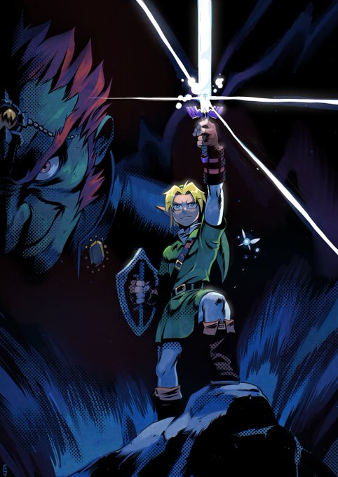 A triumphant illustration of Link from The Legend of Zelda raising the Master Sword aloft atop a snowy peak, with the looming visage of the villain Ganondorf casting a menacing shadow behind him — fitting artwork to celebrate the post noting the piece reaching 30k engagement.