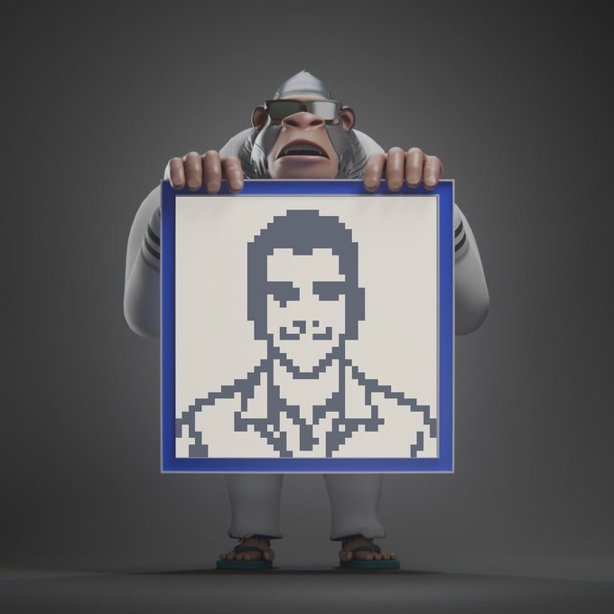 A 3D-rendered monkey in sunglasses holds up a pixelated portrait sign on a dark background.