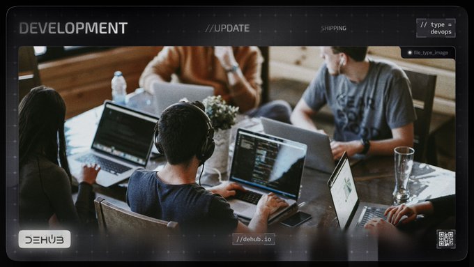 A graphic titled 'DEVELOPMENT' labeled '//UPDATE' shows a group of people working together on laptops around a table, styled as a coding or tech workspace.