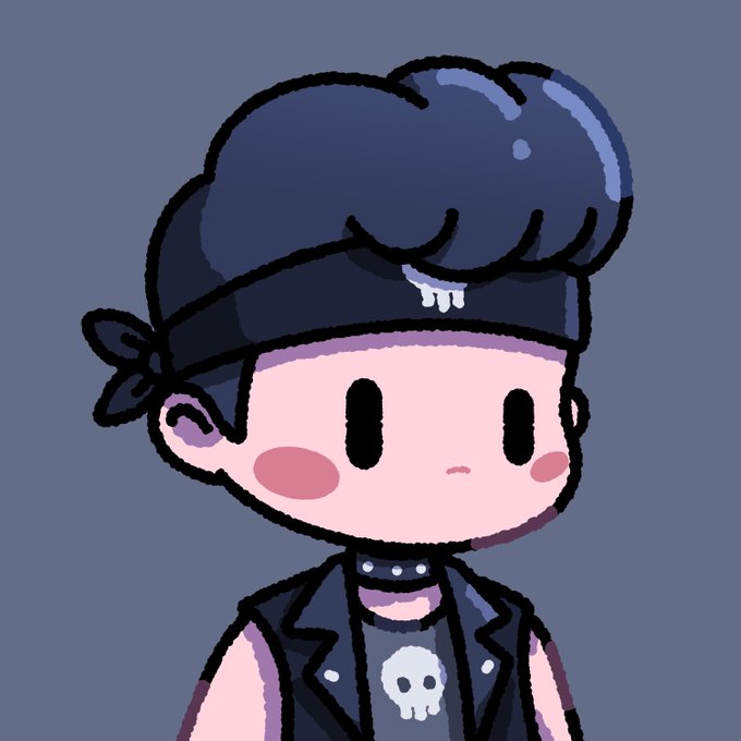 A chibi-style cartoon character with a black pompadour hairstyle, pink skin, and punk-style clothing featuring a skull design and spiked choker against a gray background.