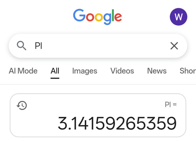 A Google search for "PI" displays the value 3.14159265359, revealing the mathematical constant pi. The numbers shown represent pi's decimal approximation, a fundamental constant in mathematics representing the ratio of a circle's circumference to its diameter.