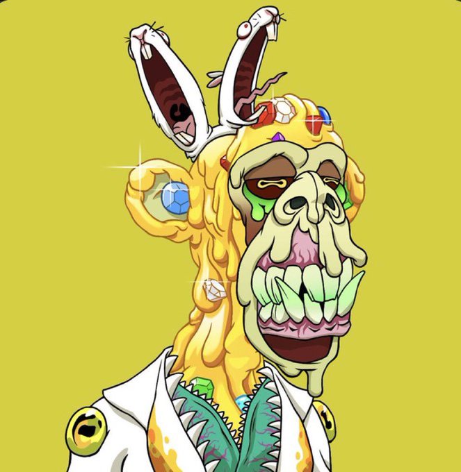 A grotesque cartoon illustration of a melting yellow figure with a distorted face, exposed teeth, and a white rabbit's head emerging from its brain against a bright yellow background.