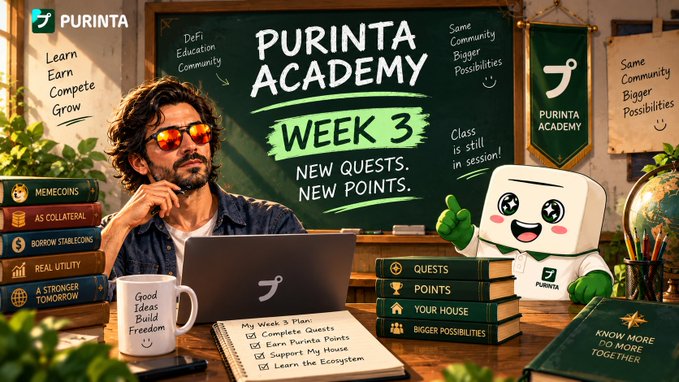 A promotional graphic for 'PURINTA ACADEMY WEEK 3' featuring a bearded man in sunglasses working on a laptop, alongside a green and white cartoon mascot, with text including 'NEW QUESTS. NEW POINTS.' and 'DeFi/Education/Community'.