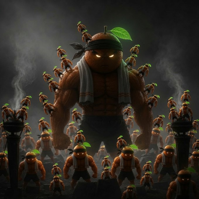 A massive, muscular orange character with a leaf sprout and headband towers over a legion of smaller, identical orange warriors wielding weapons, embodying the overwhelming force implied by "$UDIN ARMY STRONG." The army of identical clones surrounding their larger leader visually represents a unified and formidable "army" backing the $UDIN crypto/token.